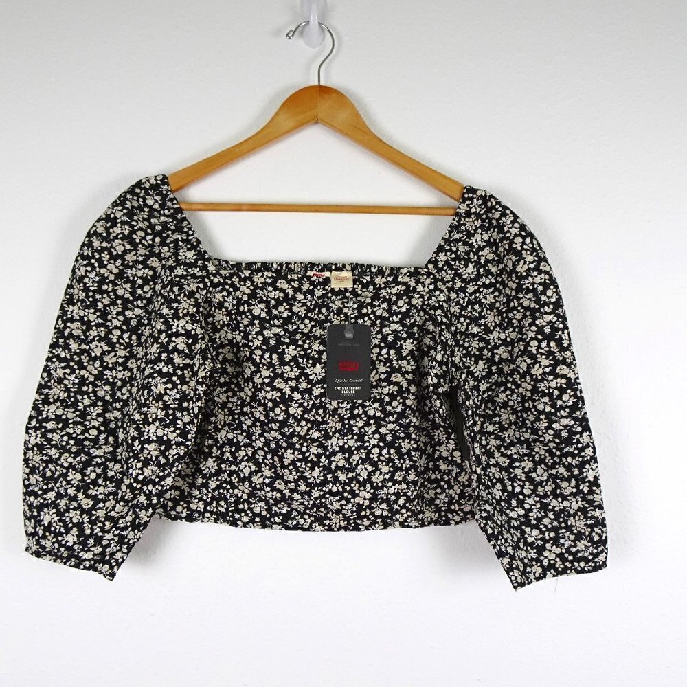 Levi's Floral Cropped Top Women's Size L Black Beige Square Neck Puff Sleeves